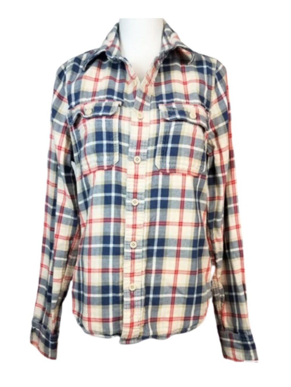 ABERCROMBIE & FITCH Cream Red & Blue Plaid Button-Down Muscle Shirt Men's S